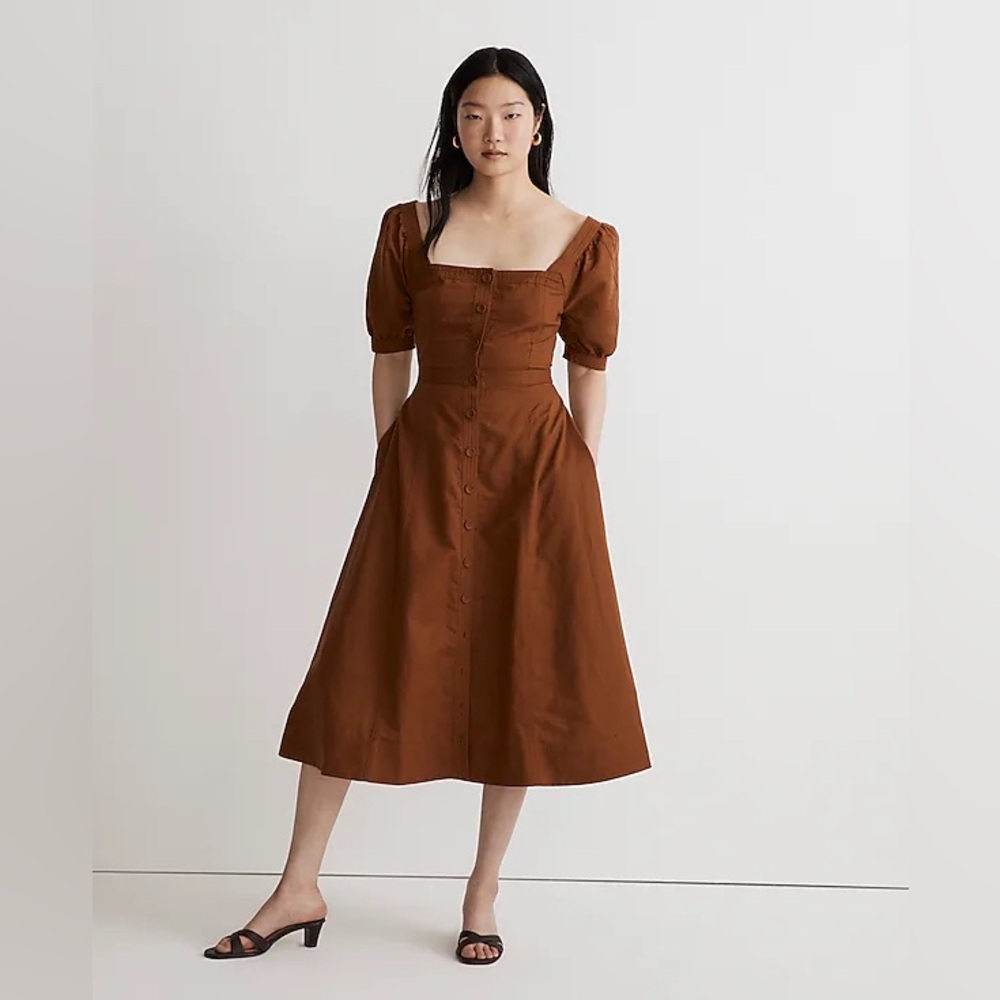 Madewell Seamed Puff-Sleeve Midi Dress - Picture 1 of 8